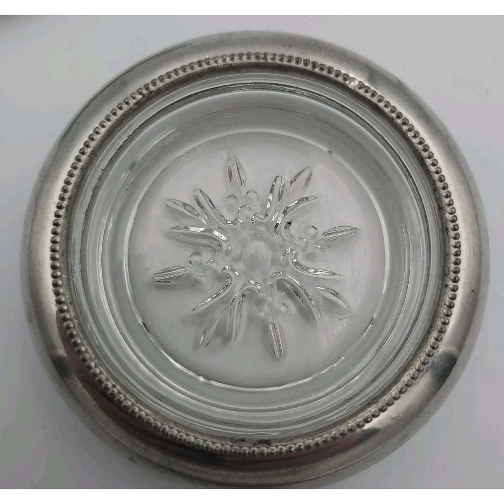 Vintage Empire Pewter Silver Glass Coaster Ashtray Set Stackable Art Deco 2pc